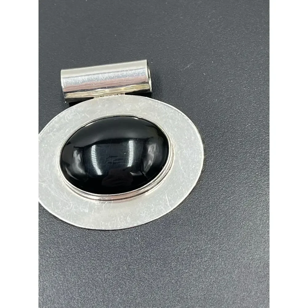 Vintage Sterling Silver Large Mexico TJ-78 Black Onyx Oval Modernist‎ Pendant
